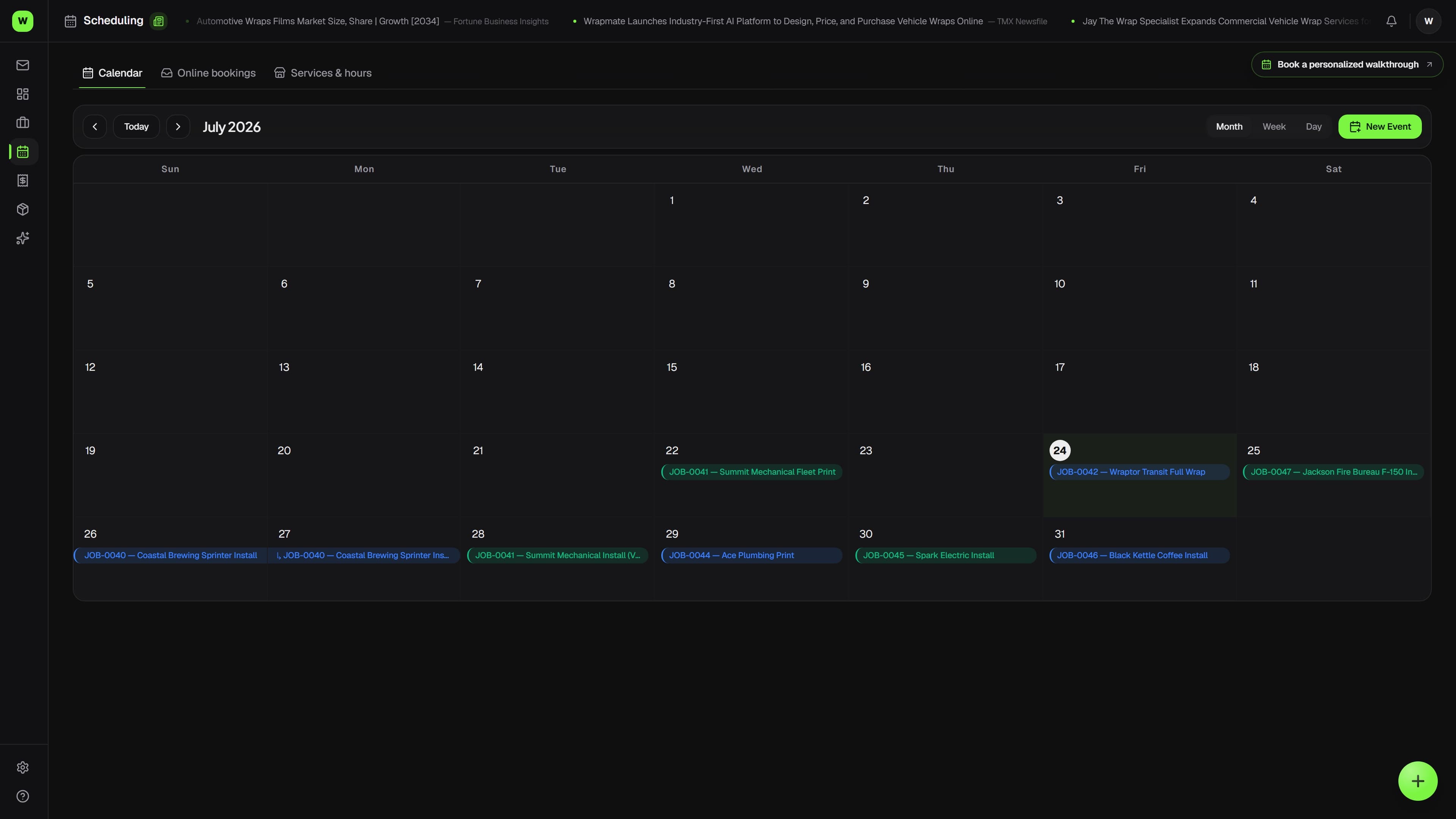 Overlam install calendar showing bay lanes and installer assignments for the week (dark mode)