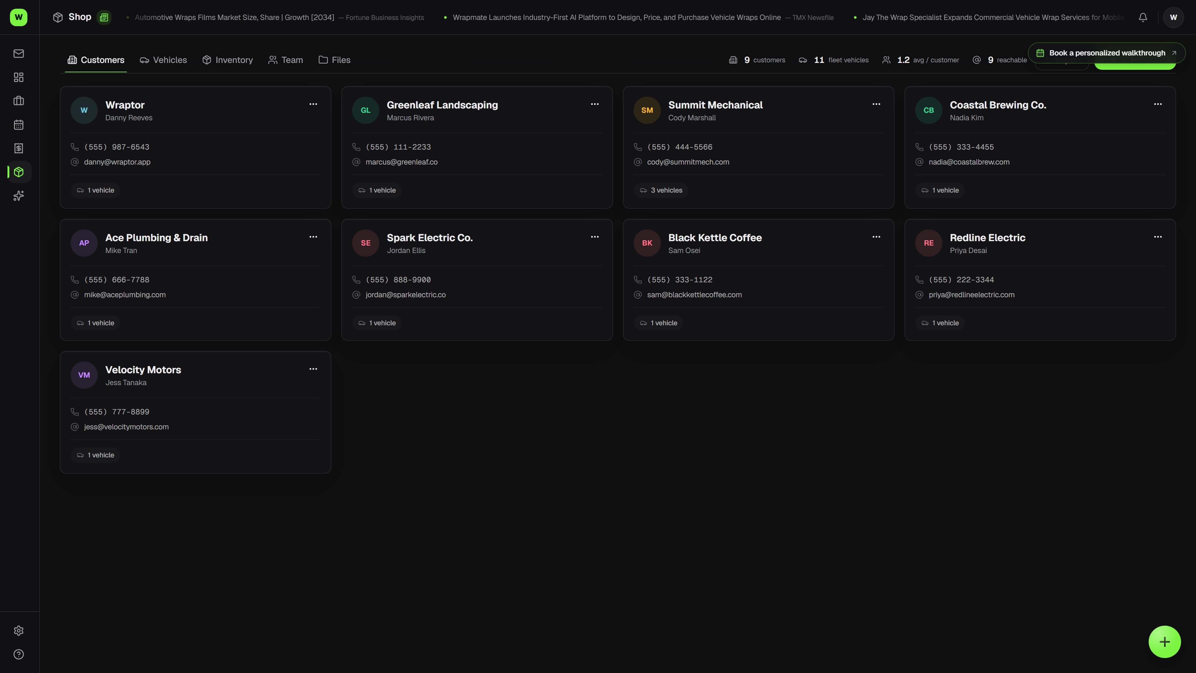 Overlam CRM showing a customer profile with vehicle list, job history, and communication log (dark mode)