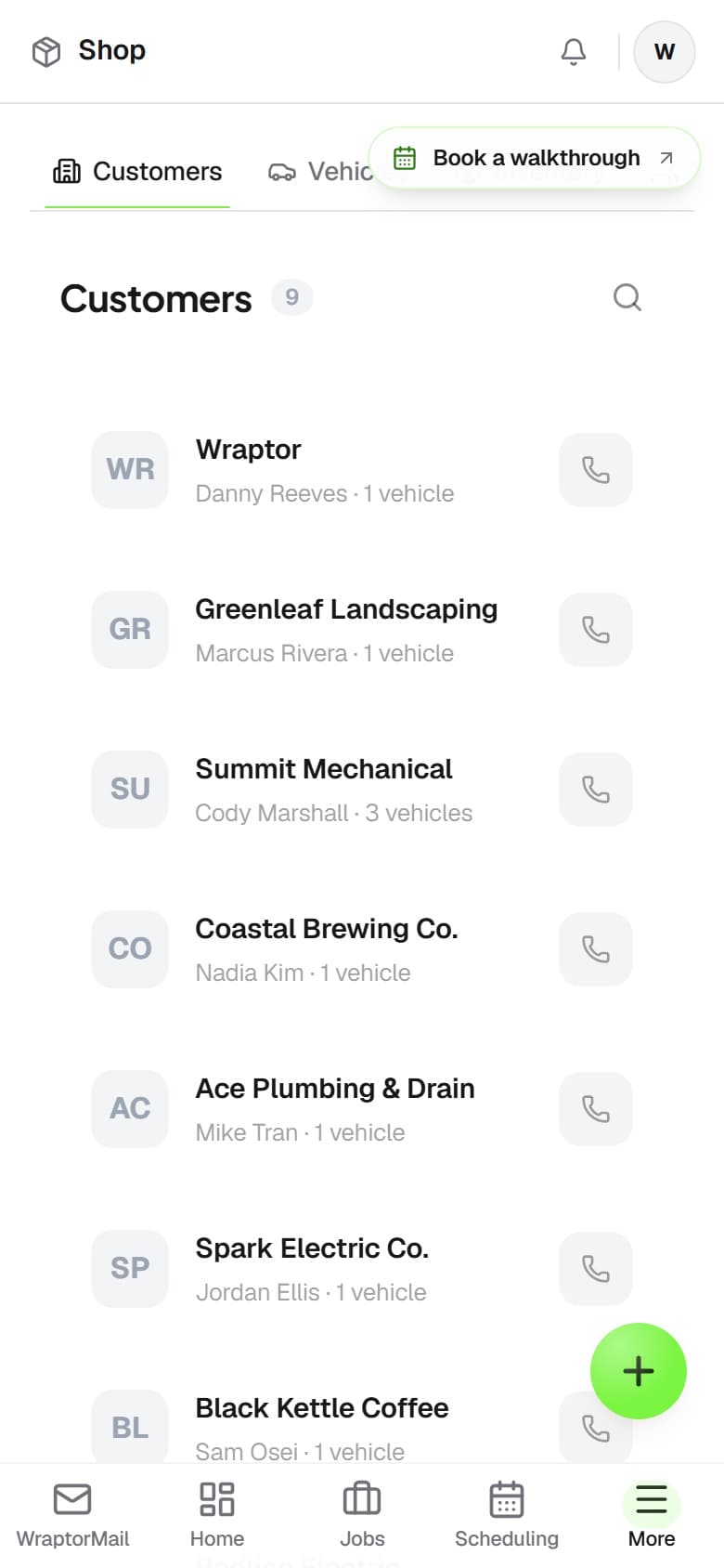 Overlam CRM showing a customer profile with vehicle list, job history, and communication log (mobile)