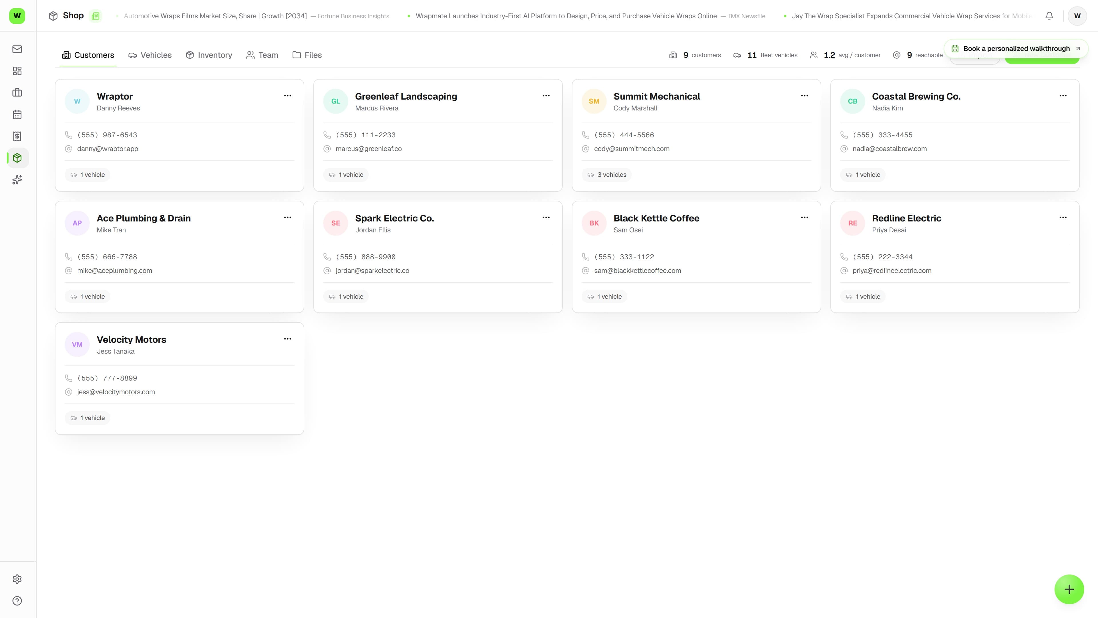 Overlam CRM showing a customer profile with vehicle list, job history, and communication log
