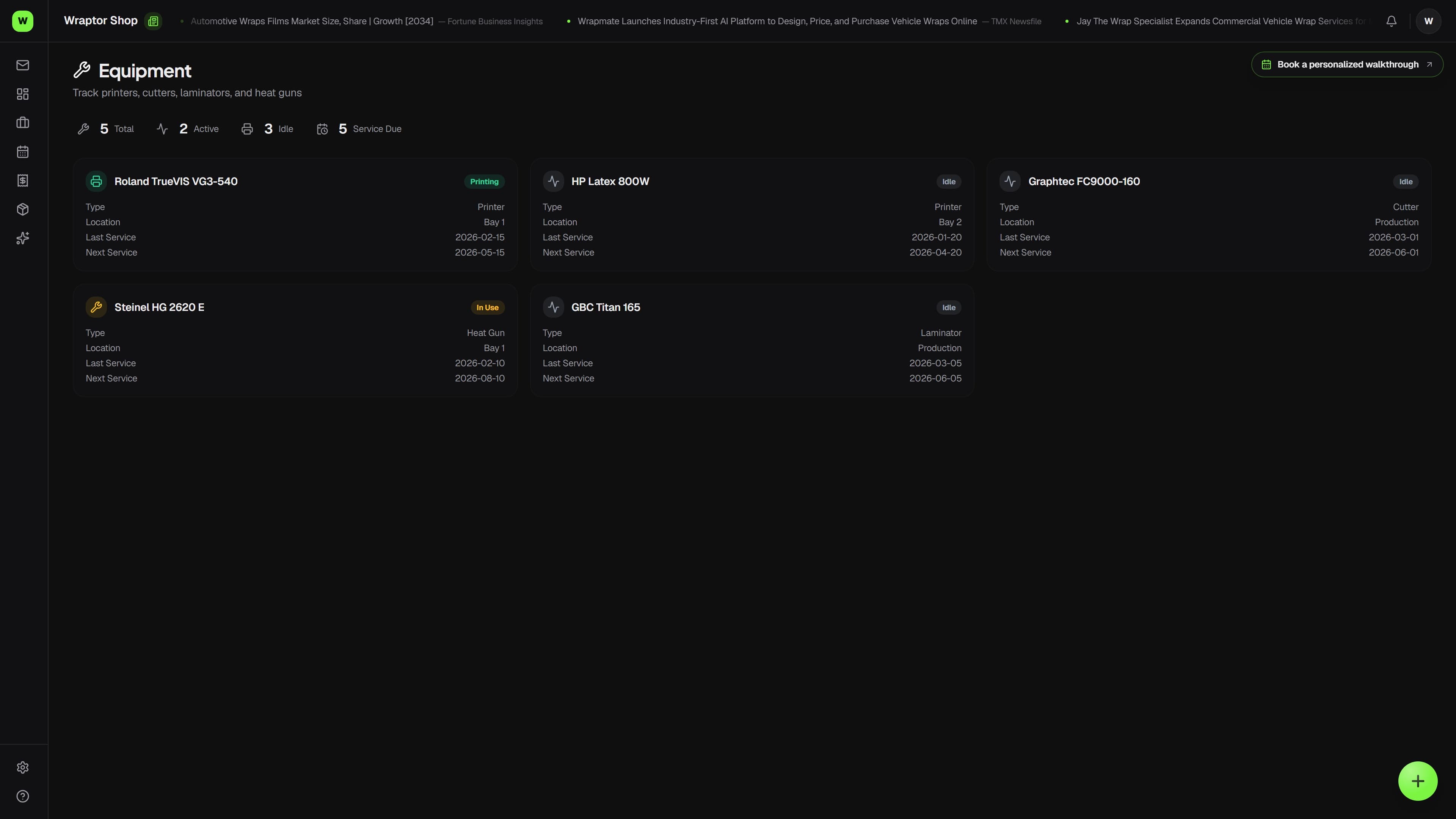 Overlam Equipment hub showing machines, tools, and a maintenance schedule with next-due dates (dark mode)