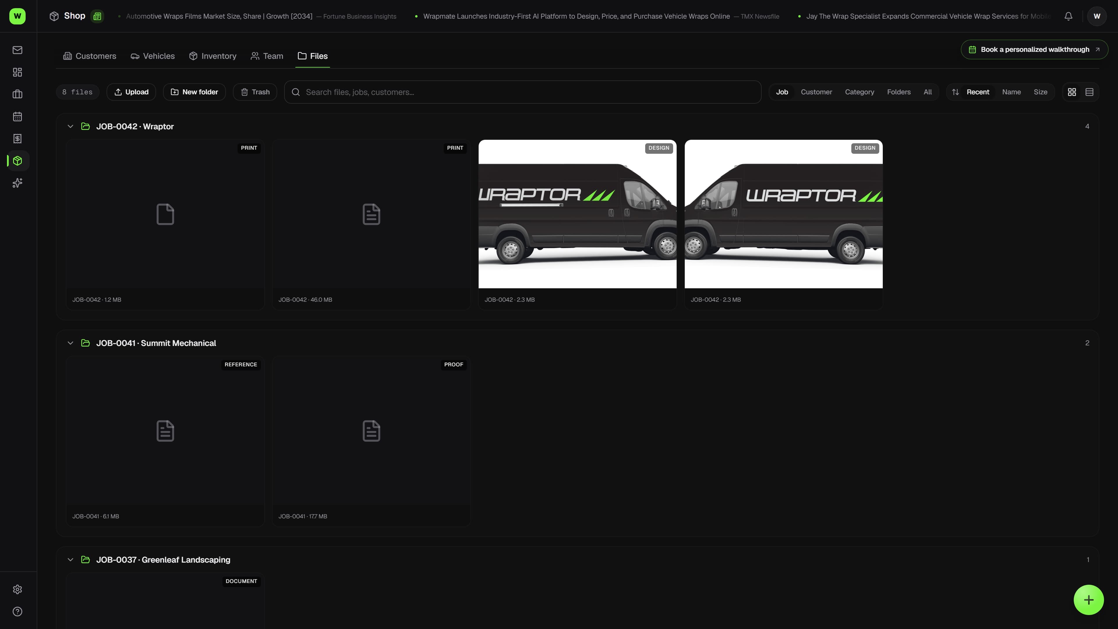 Overlam Files browser listing files across jobs with type icons, customer, job number, and search (dark mode)