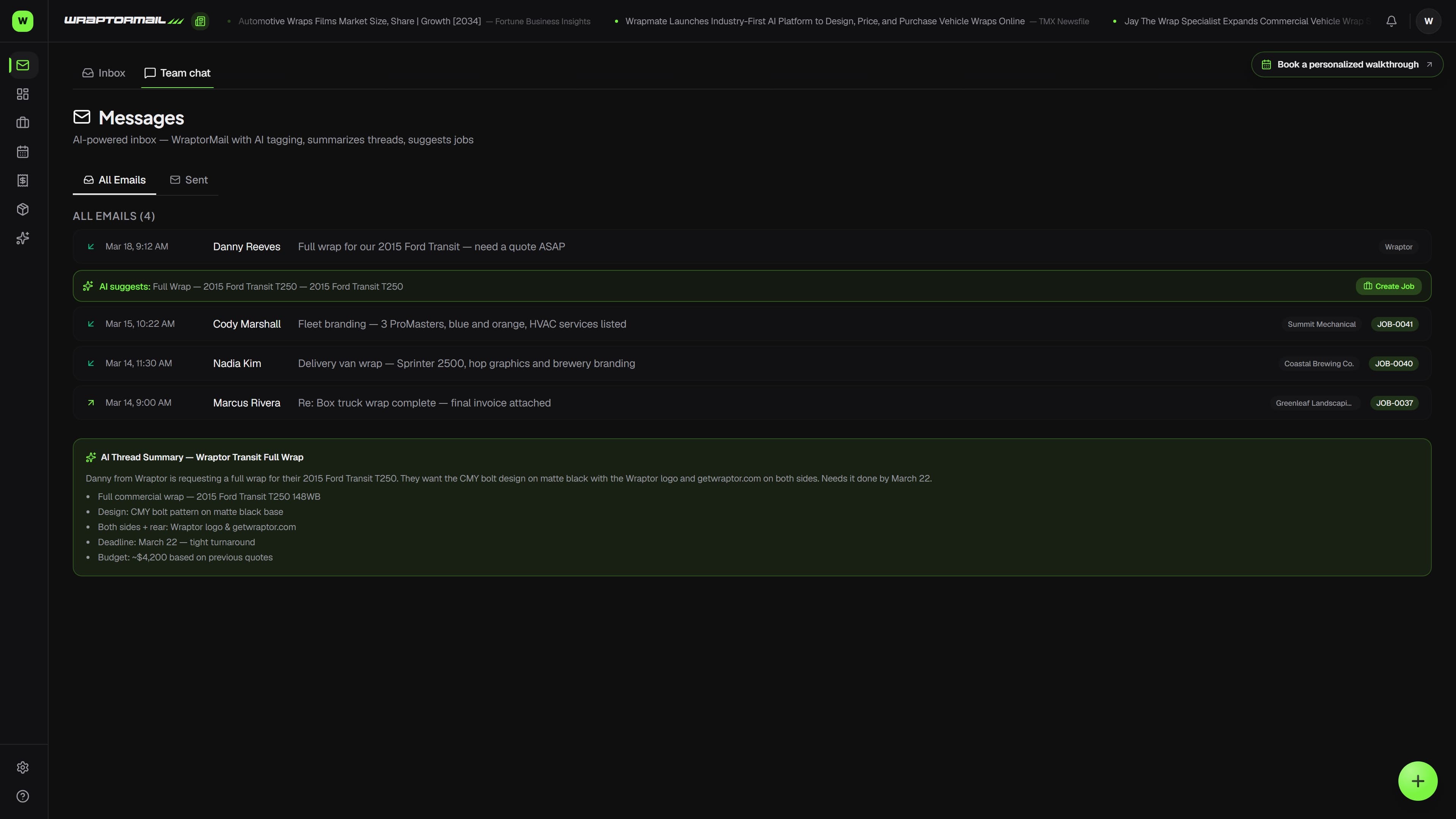 Overlam Messages page showing an email thread linked to a customer and job, with team chat channels (dark mode)