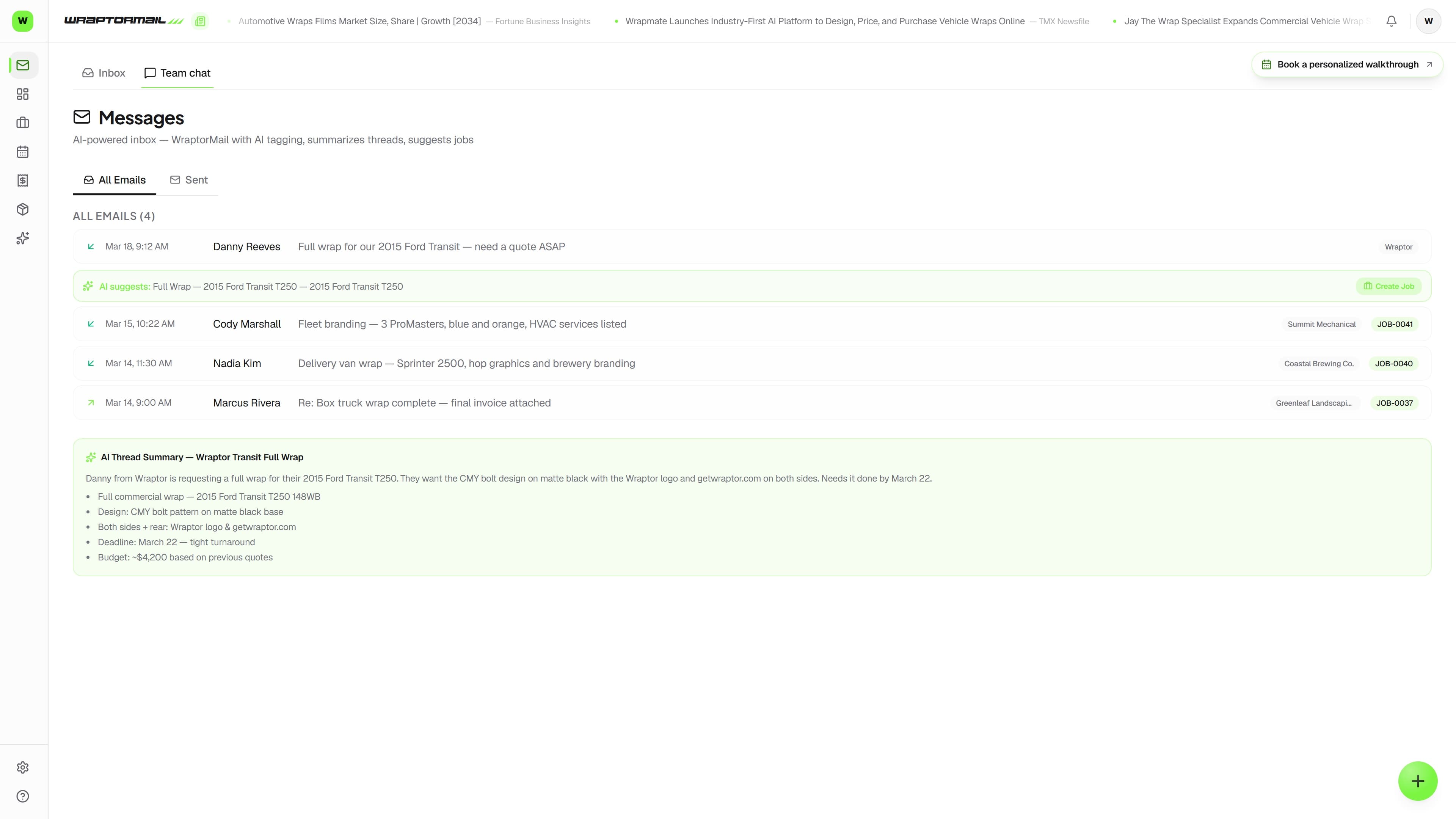 Overlam Messages page showing an email thread linked to a customer and job, with team chat channels