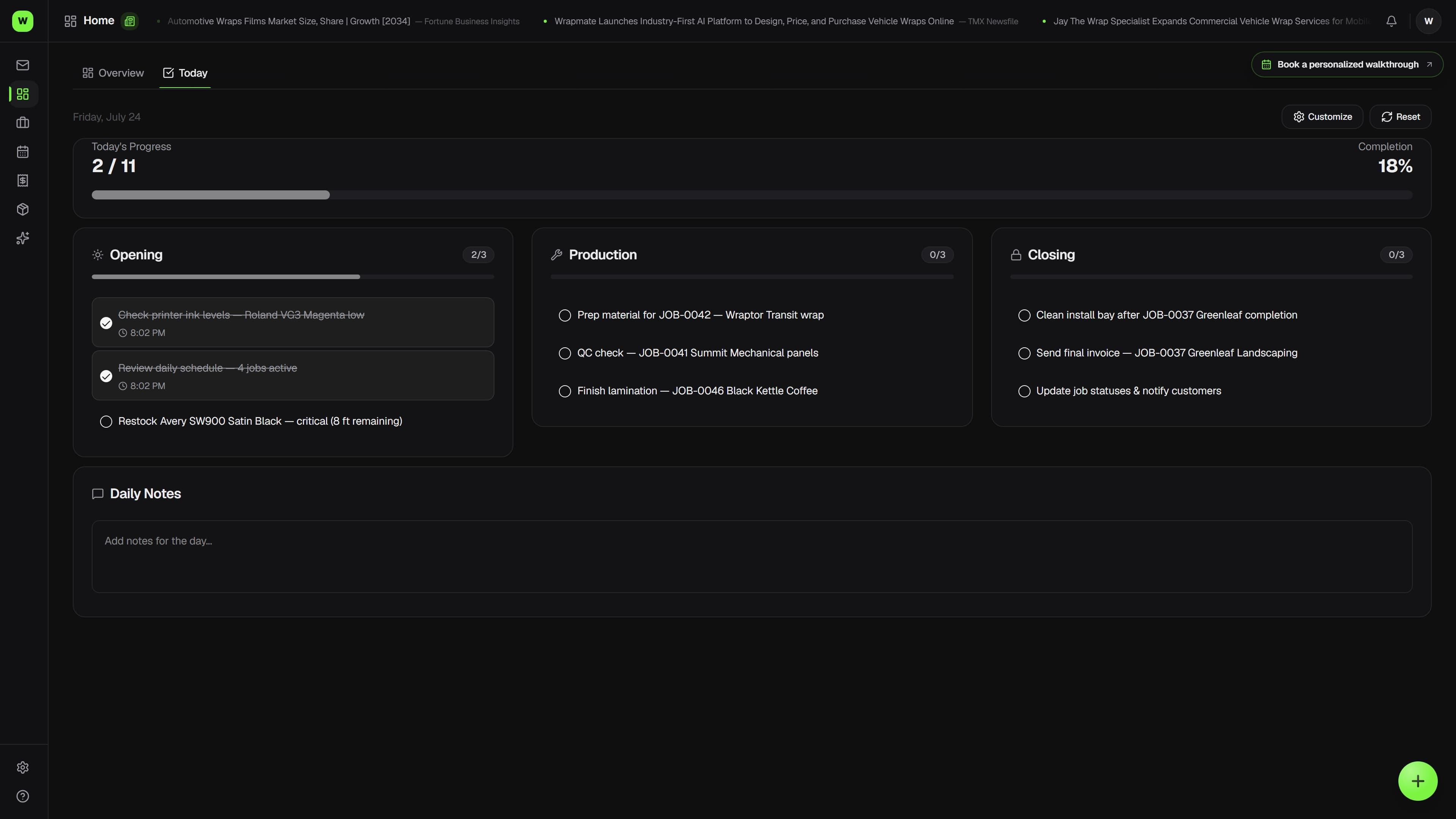Overlam Daily Ops screen showing Opening, Production, and Closing checklists with progress bars (dark mode)