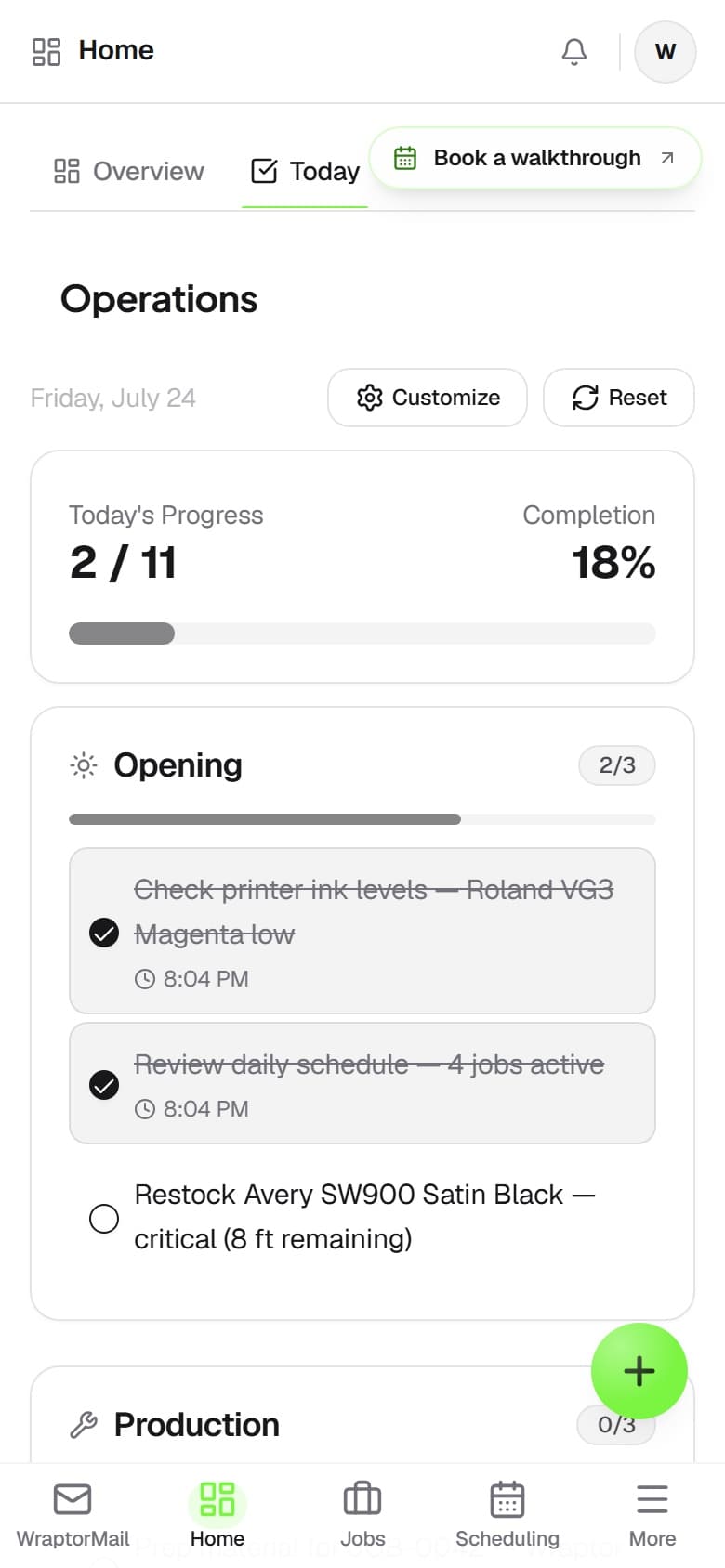 Overlam Daily Ops screen showing Opening, Production, and Closing checklists with progress bars (mobile)