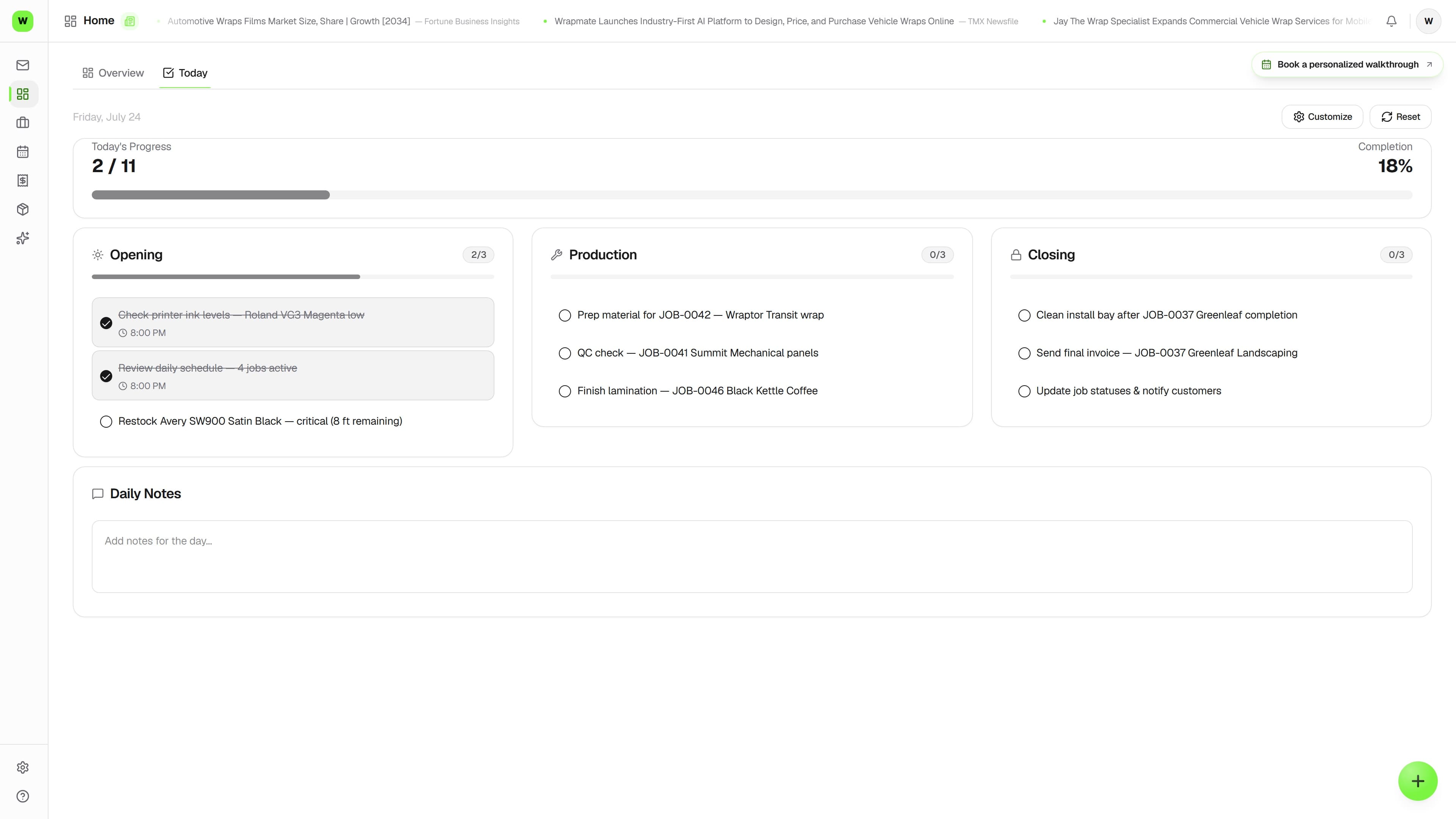 Overlam Daily Ops screen showing Opening, Production, and Closing checklists with progress bars