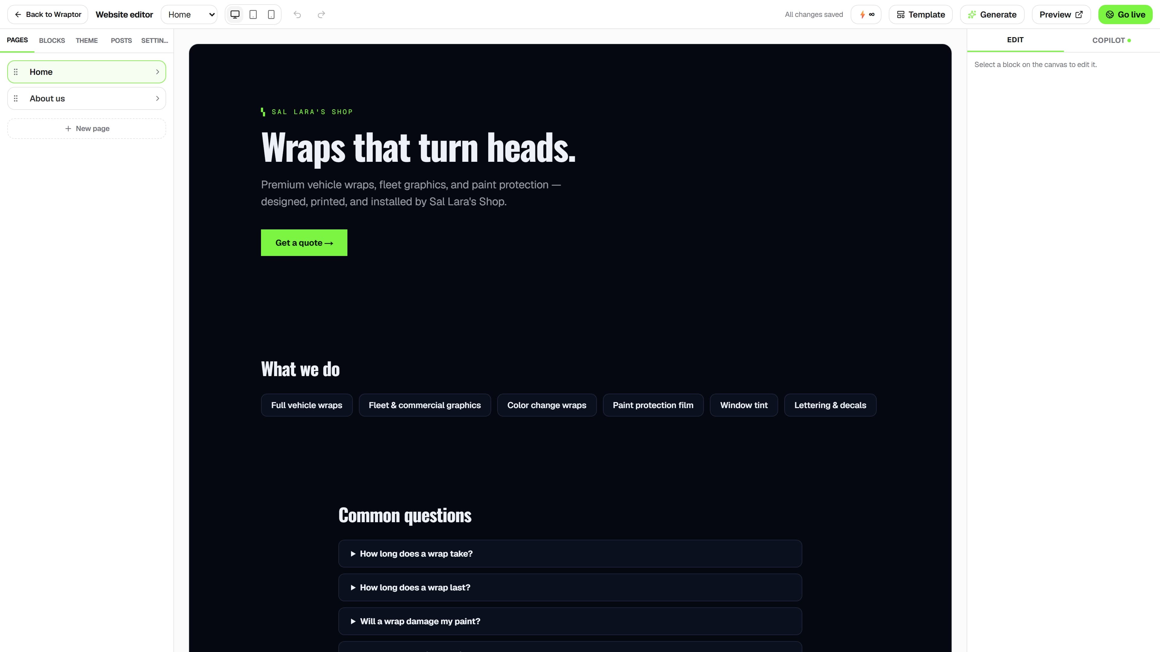 Overlam website builder showing a wrap shop site in the live canvas editor