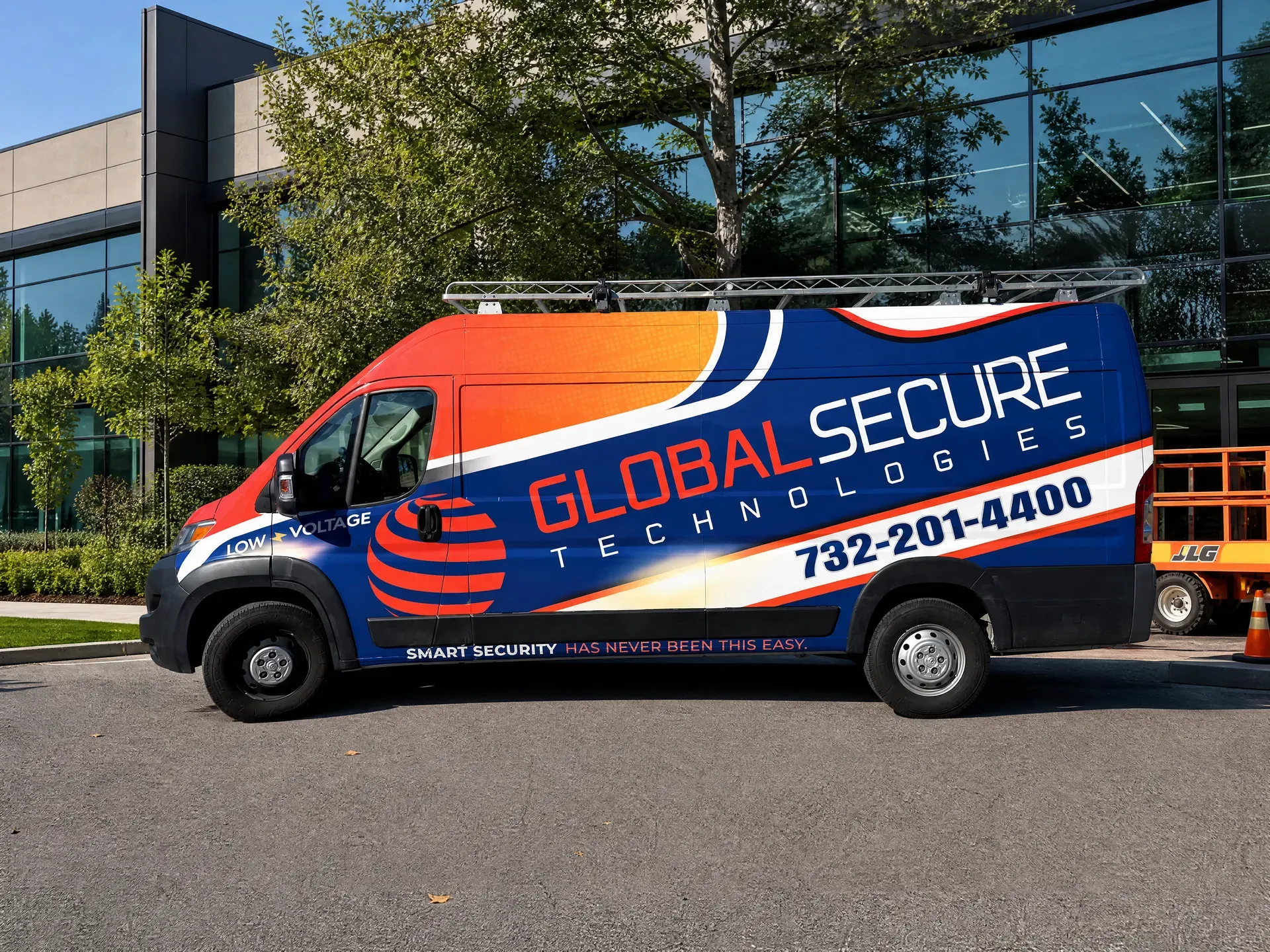 Fleet van in a full commercial wrap outside a modern office
